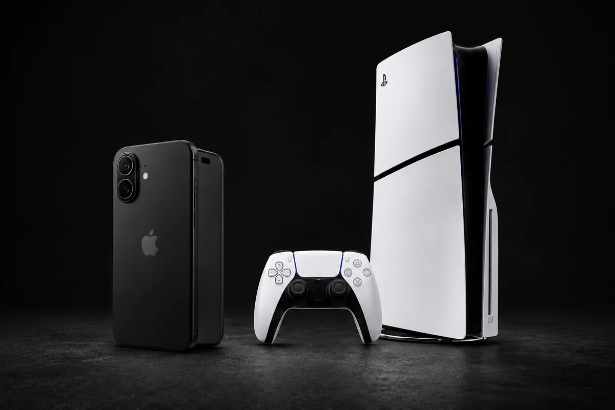 Чёрный iPhone 17 и PlayStation 5 Slim с контроллером
